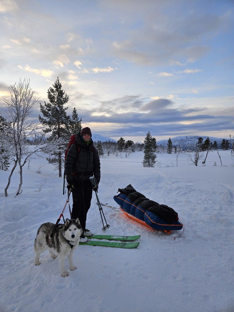 Person with sled and husky on snowy terrain under cloudy sky.