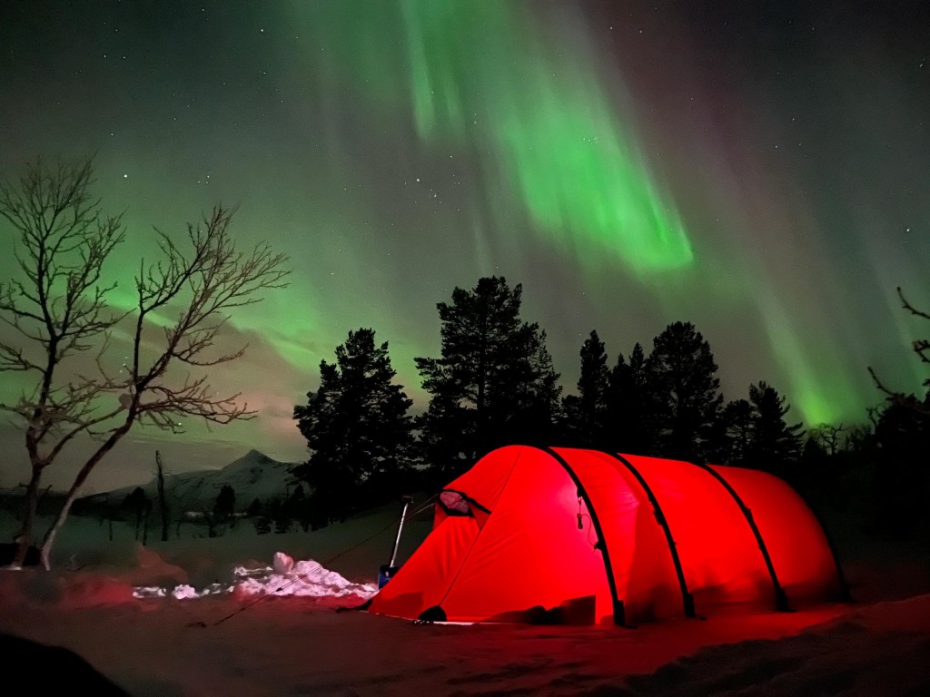 Red tent under green aurora borealis in snowy landscape with trees.