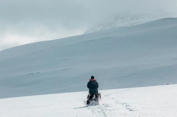 Person on a snowmobile in a vast snowy landscape under a cloudy sky.