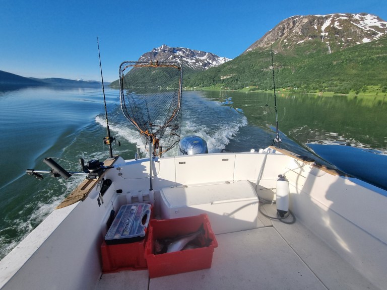 Boat on a lake with fishing gear, mountain and blue sky in background.