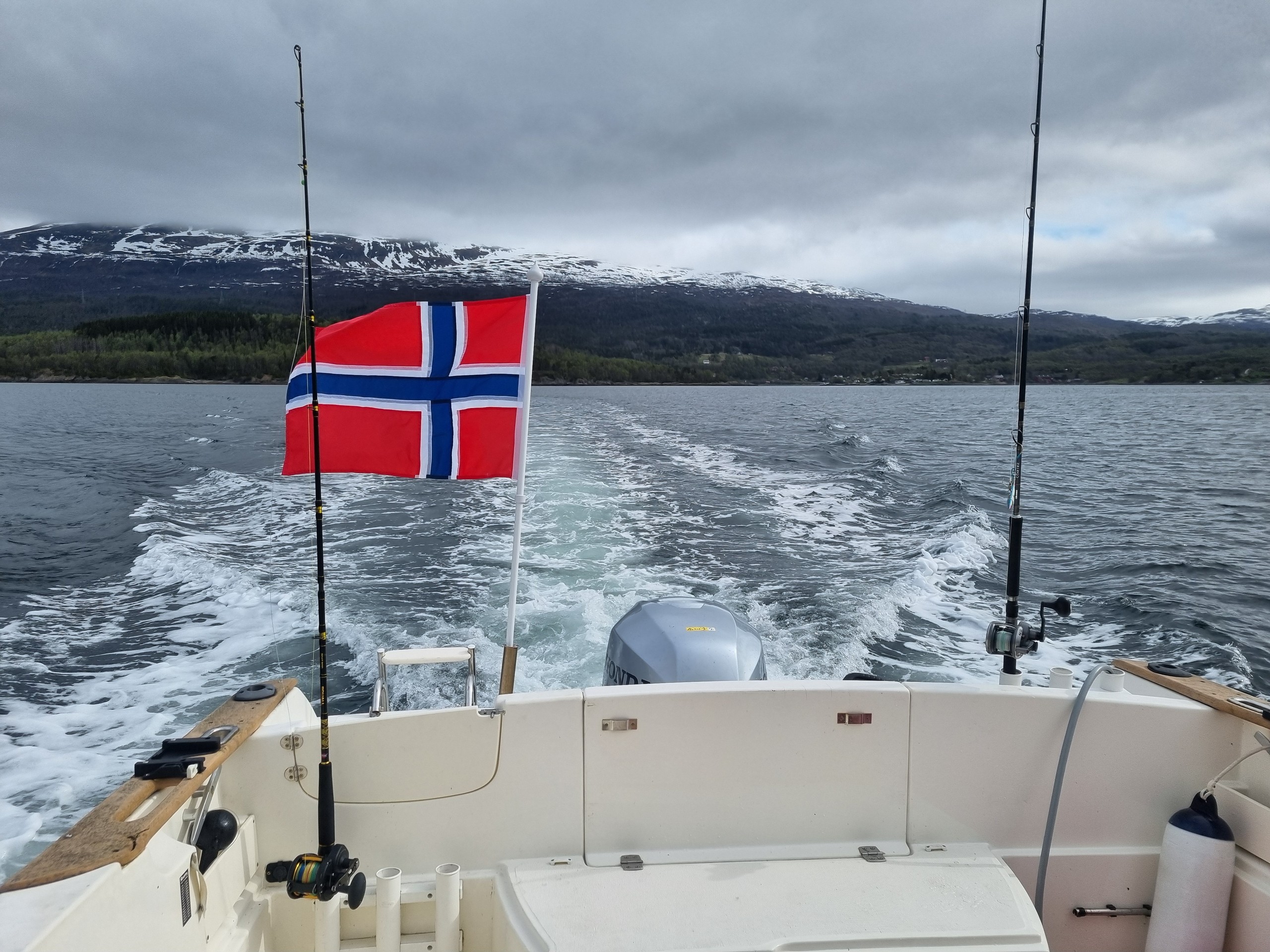 Norwegian flag on motorboat, two fishing rods, mountain view