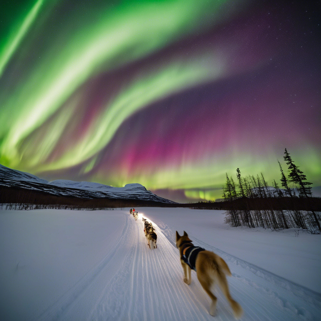Dogsled team under vibrant green and purple northern lights in snowy landscape.