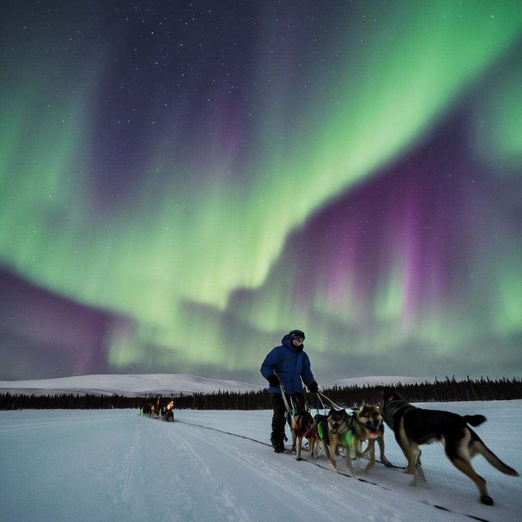 Person with sled dogs under vibrant northern lights in snowy landscape.