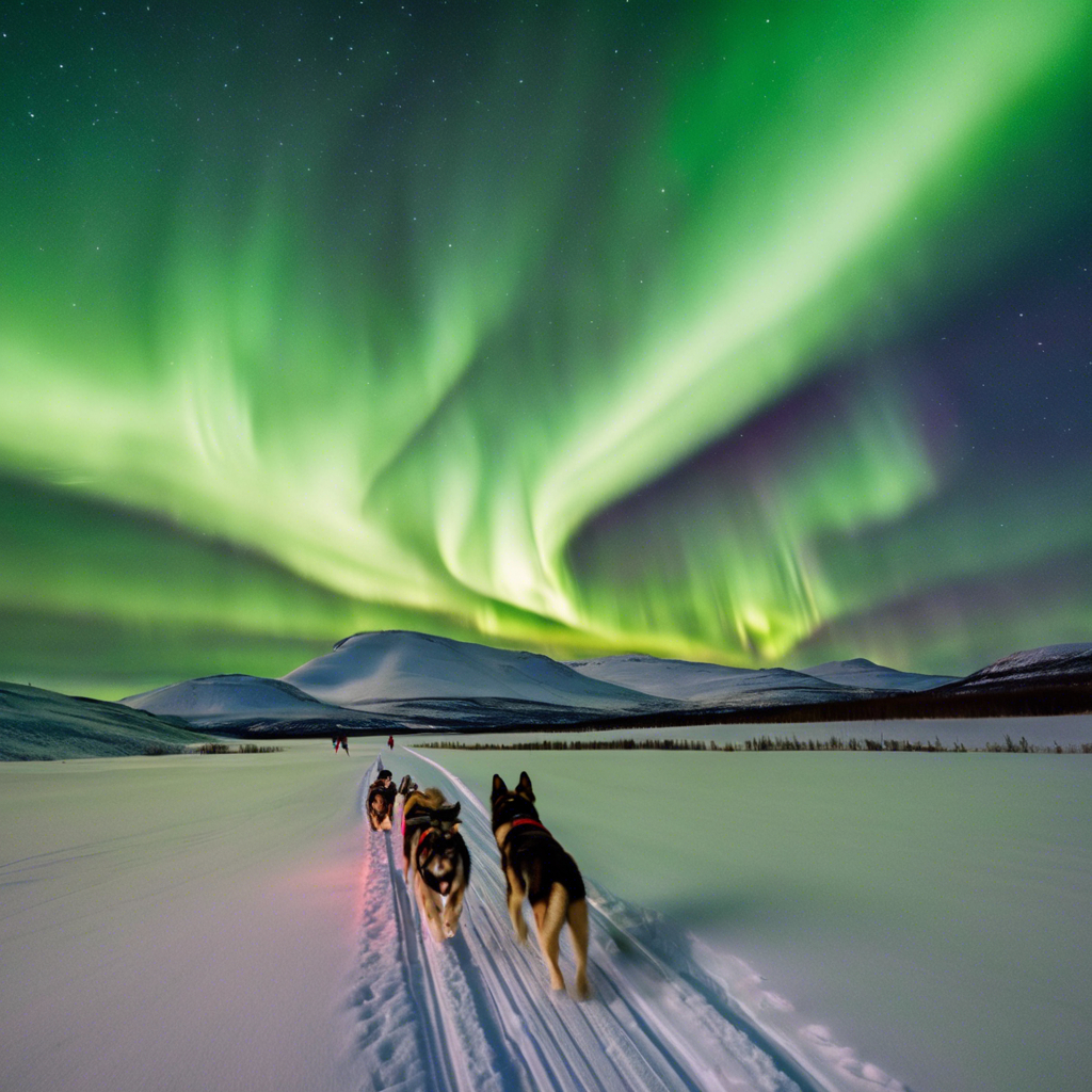 Dogsled under vibrant green aurora borealis in a snowy landscape.