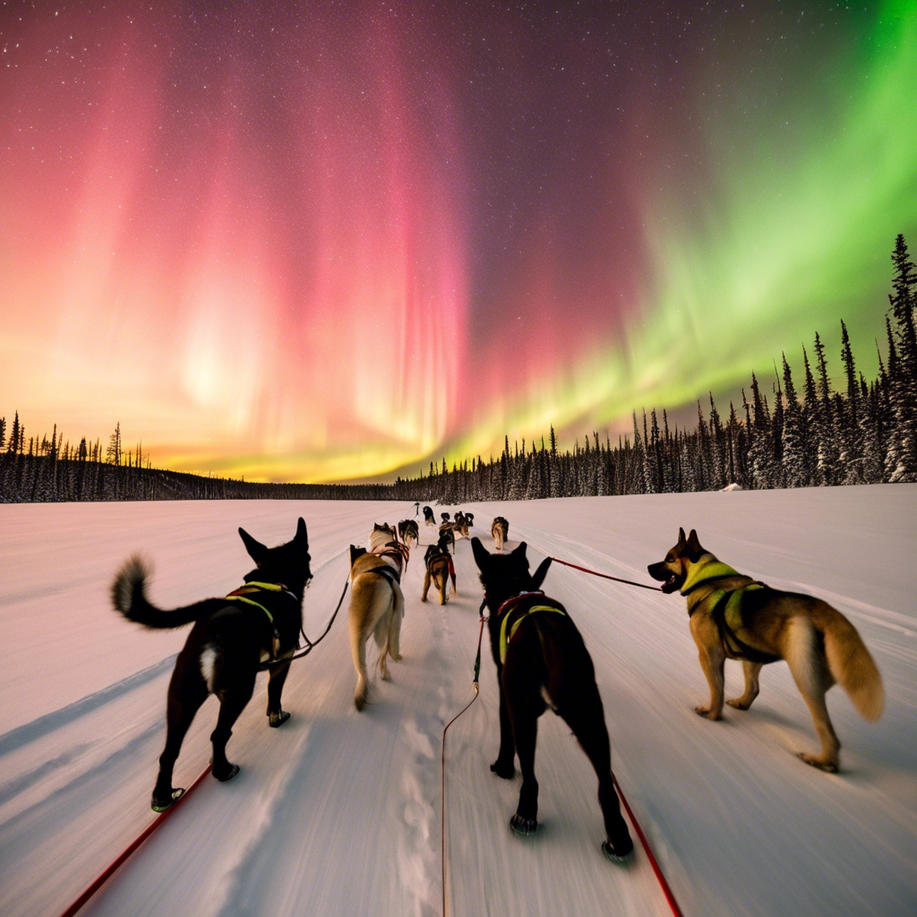 Sled dogs running under vibrant northern lights in snowy landscape.
