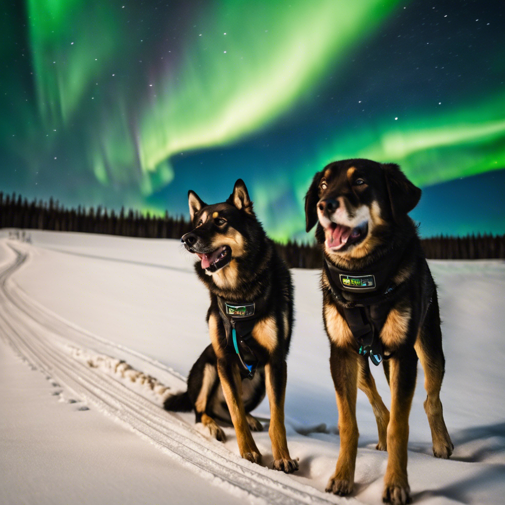 Two dogs in snow with vibrant northern lights in the sky.