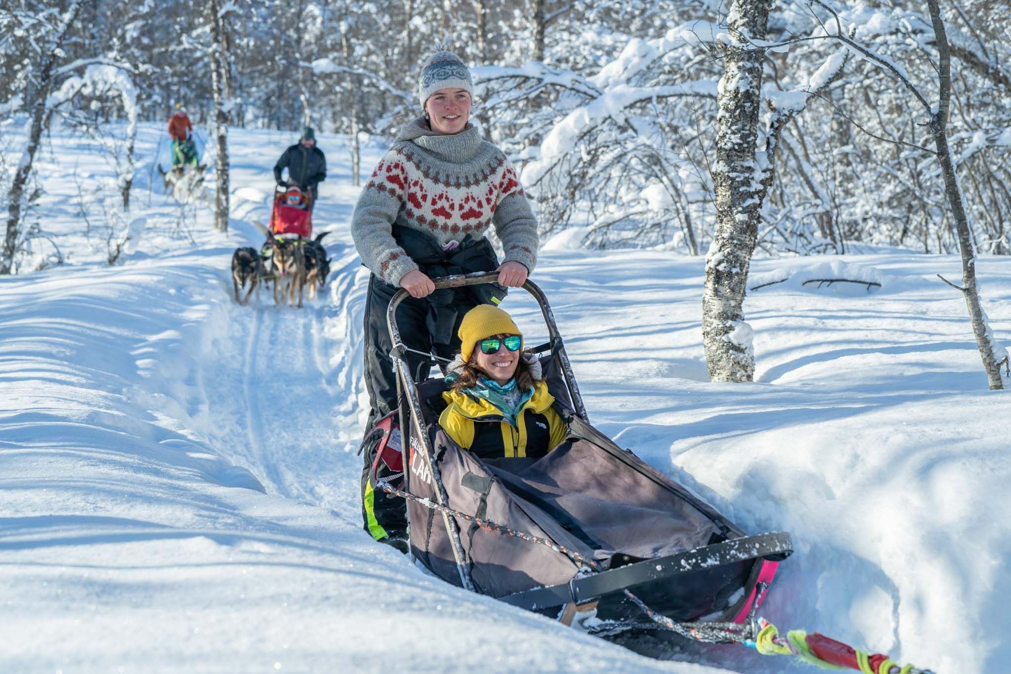 People dog sledding through a snowy forest trail with riders in warm winter clothing.