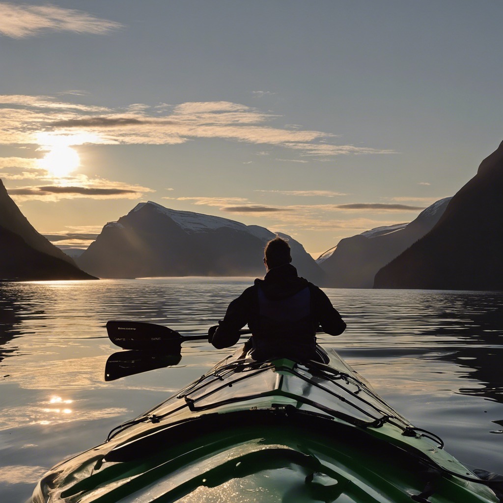Person kayaking on a calm lake at sunset with mountains in the background.