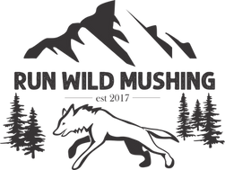 Logo: silhouette of mountains, running dog, trees, and 'Run Wild Mushing est 2017' text.